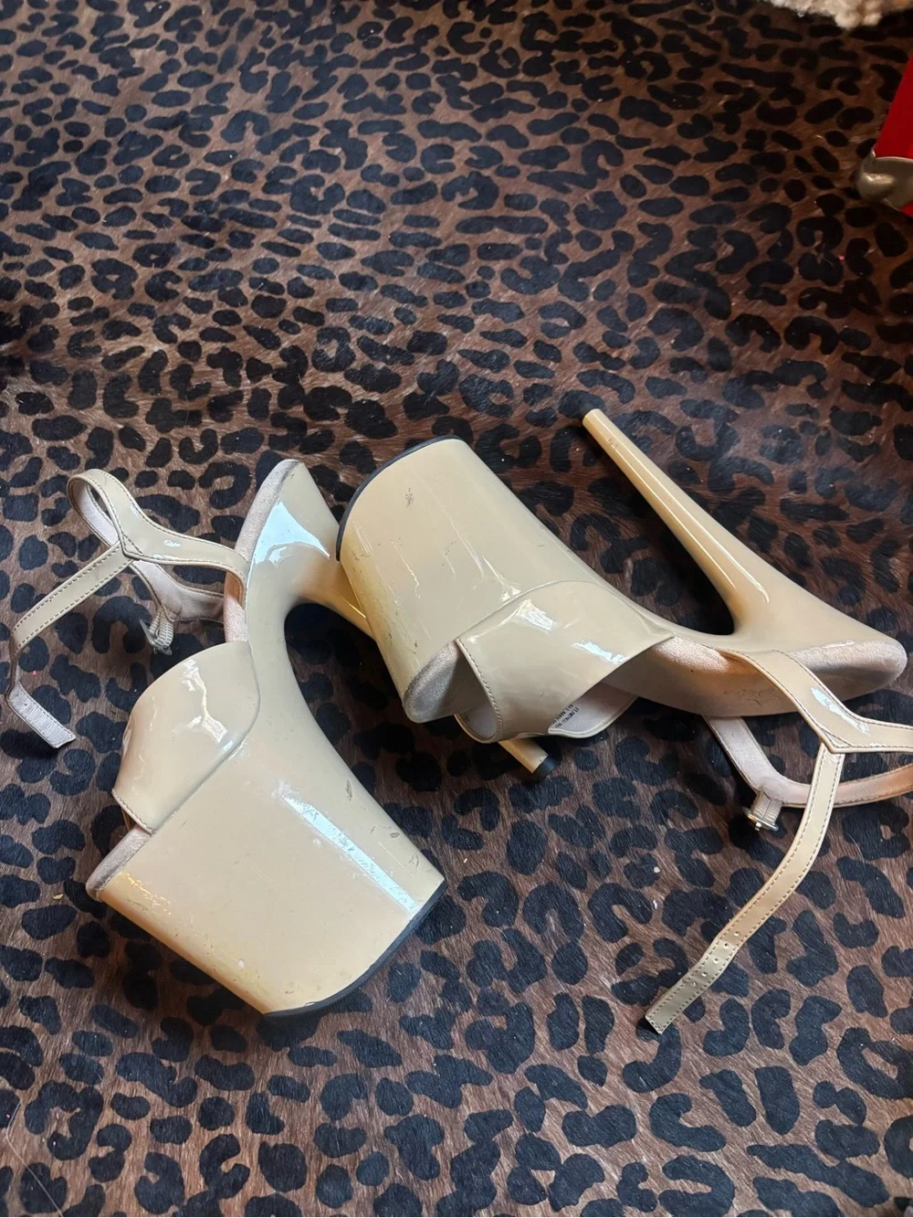 Pleaser Nude Patent Platform High Heel Sandals with Ankle Strap Exotic Dancer